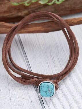 Turquoise Stone Brown Suede Wrap Necklace